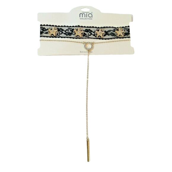 Mia Collection Black Lace & Gold Floral Choker + Diamond Studded Circle Necklace - Picture 2 of 11